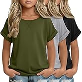 LessonZoo 3 Pack Girls Short Sleeve T Shirts Kids Loose Fit Crew Neck Tops Rolled Cuff Summer Basic Casual Tees Blouse