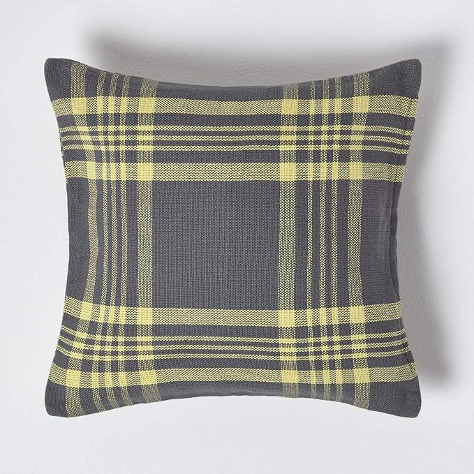 HOMESCAPES Grey & Yellow Tartan Cushion Cover, 100 Cotton 18 x 18