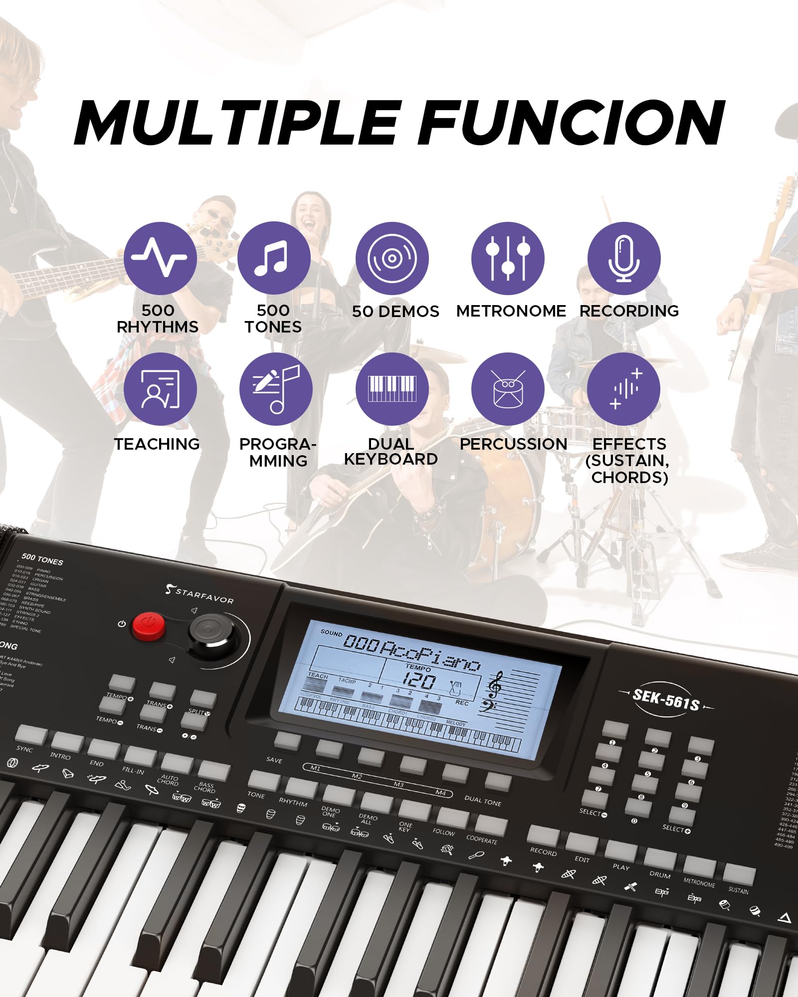 Starfavor 61 Key Electronic Keyboard Piano with LCD Display, Portable Electric Music Piano for Beginners Professions, include Z-style Stand, Bench, Microphone, Headphone, Keynote Stickers (SEK-561)