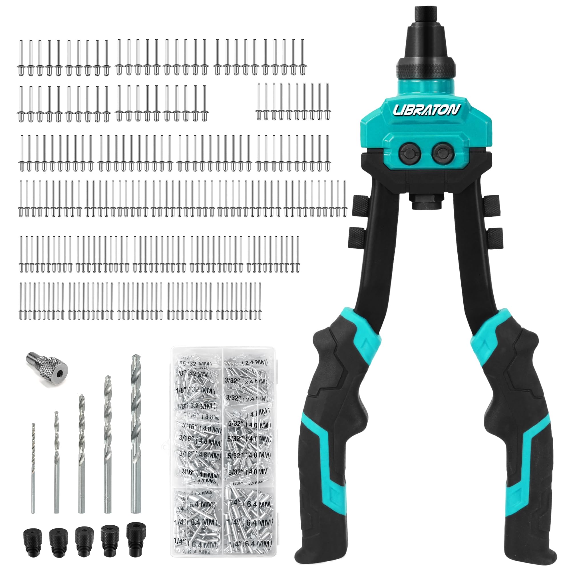 LIBRATON Rivet Gun Set, Two-Handed Pop Rivet Gun Kit, Heavy Duty Rivet Gun, Pop Riveter with 250 Aluminum Rivets in Box, 5 Tool-Free Interchangeable Nozzles, 5 HSS Drill Bits, for Automotive, Metal