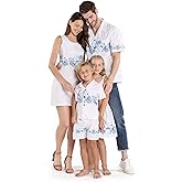 Matchable Family Hawaiian Luau Men Women Girl Boy Clothes in White with Blue Hibiscus
