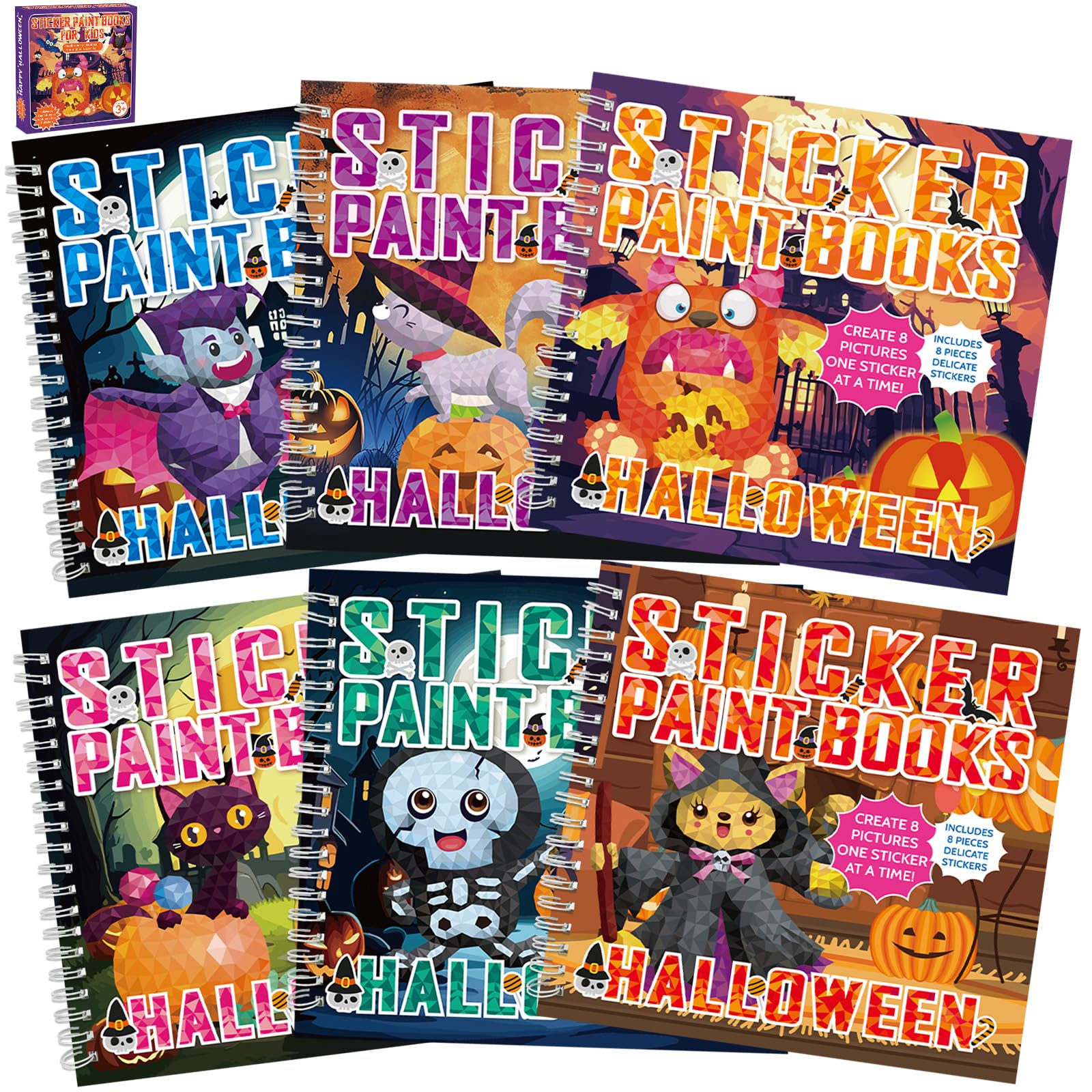 6 PCS Halloween Paint by Sticker Books for Kids Ages 4-8 Sticker by Number Books Activity Book for Kid Ages 3-5 Sticker Puzzle Book Craft Art Toddler Girl Gift with Pumpkin Ghost Monster 48 Pictures