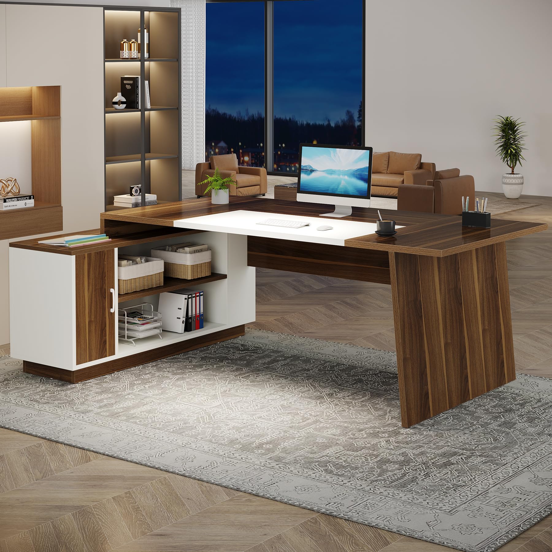 Photo 1 of *PARTIAL SET - Selling for parts*
Tribesigns L-Shaped Executive Office Desk, 70.5-Inch Mid-Century Modern Executive Desk with Storage Cabinet and Shelves, Large Computer Desk for Home Office, Brown + White