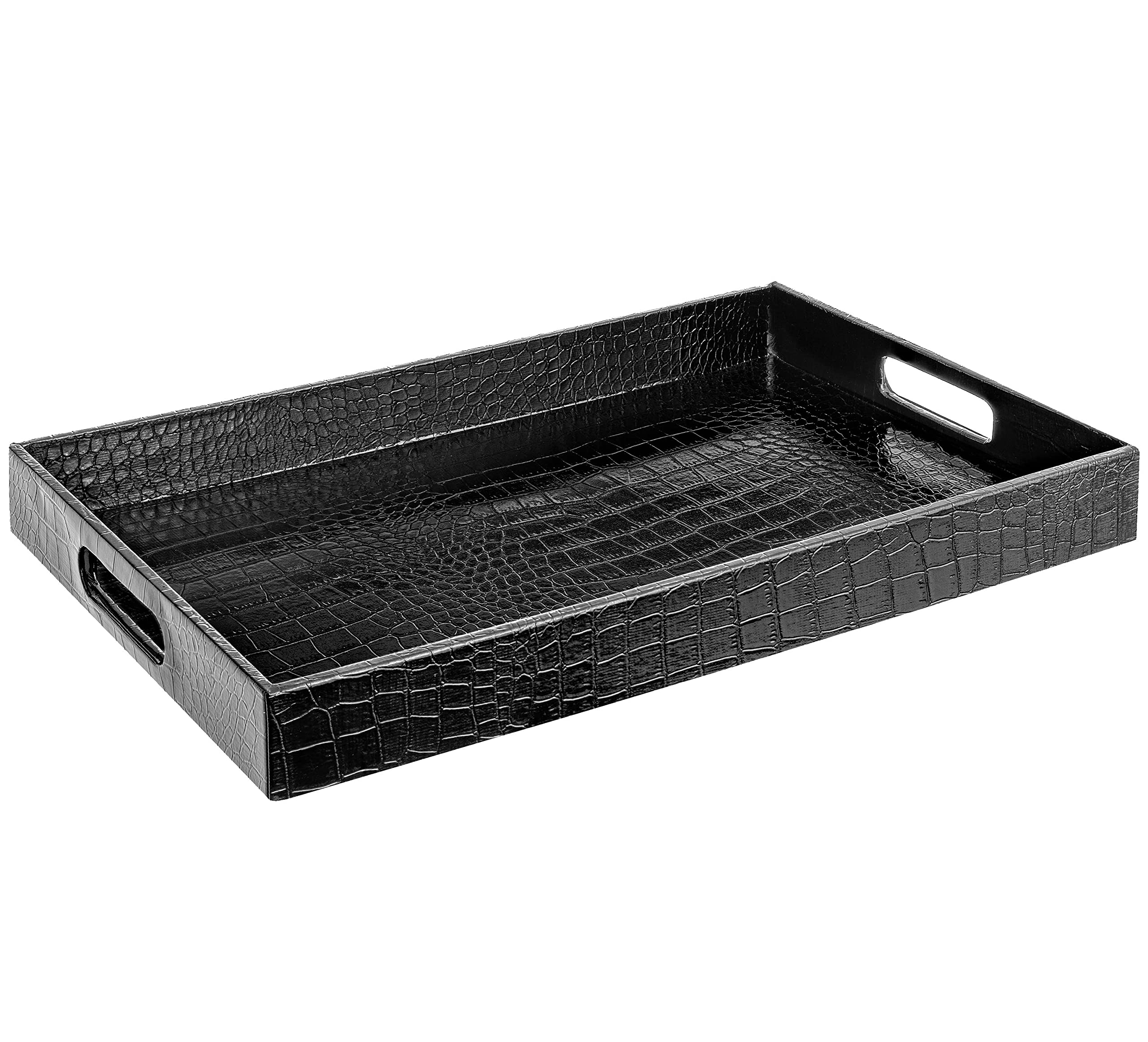 Photo 1 of Black Leather Serving Tray with Handles, Glossy Faux Crocodile Print, 18x12 Food Drinks Tray for Coffee Table, Breakfast, Dinner & Bar, Decorative Storage Tray for Ottoman, Kitchen, Bedroom, Tv, Gift