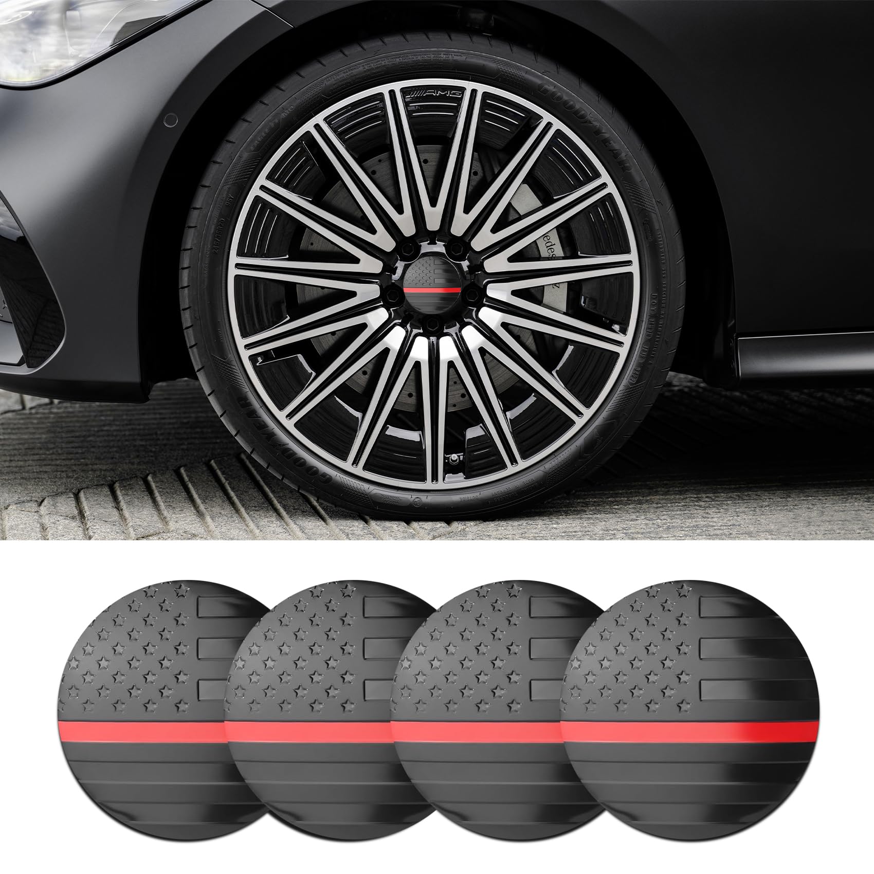 Photo 1 of QZTYTY 4PCS Car Wheel Center Hub Cover, Center Caps for Rims, Waterproof & Rustproof Automotive Accessories Decals, Universal Car Accessories Hub Caps Compatible with Cars (Black/Red Flag)