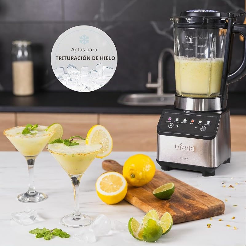 Liquidificador Digital Citrine 1200W, Garrafa de Vidro 1,5L, 7 Funções Automáticas, 4 Lâminas em Aço Inoxidável, Auto-Limpável e Gelo Triturado, Batidos, Controlo Tátil, Antiderrapante
