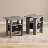 Furinno Andrey 2-Tier Side Table Set of 2, Open Shelf, Grey Oak | End Table with Storage Bin, Night Stand, Nightstand, for Living Room, Bedroom, Home Office