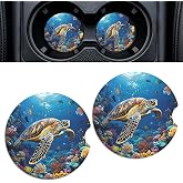Rueneaj 2 Pack Ceramic Car Coasters for Cup Holder, 2.56 in Anti Slip Absorbent Coaster with Cork Base and Finger Notch, Funny Cute Car Accessories for Women, BigTurtle