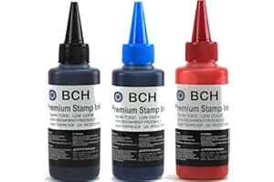 BCH Premium Stamp Ink Refill – Black, Blue & Red Ink Colors – Long-Lasting, Quick-Drying, Waterproof Ink Refill for Rubber & Self-Inking Stamps – 75 ml Each Bottle (225 ml Total)