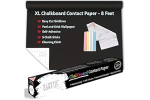 SAVVY & SORTED Black Chalkboard Contact Paper Roll - 8 FT Chalk Board Paper Roll Peel & Stick with Chalk Sticks - 17 x 96in Chalkboard Sticker Paper - Removable Black Sticker Self Adhesive Wallpaper Blackboard Decal