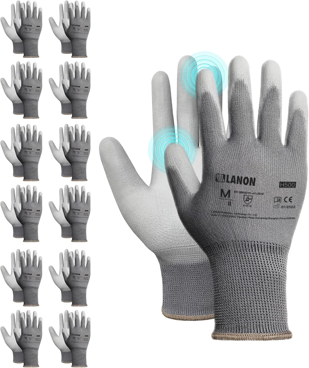 LANON Protection 12 Pairs Grey PU Coated Safety Work Gloves XL 10 EN 388