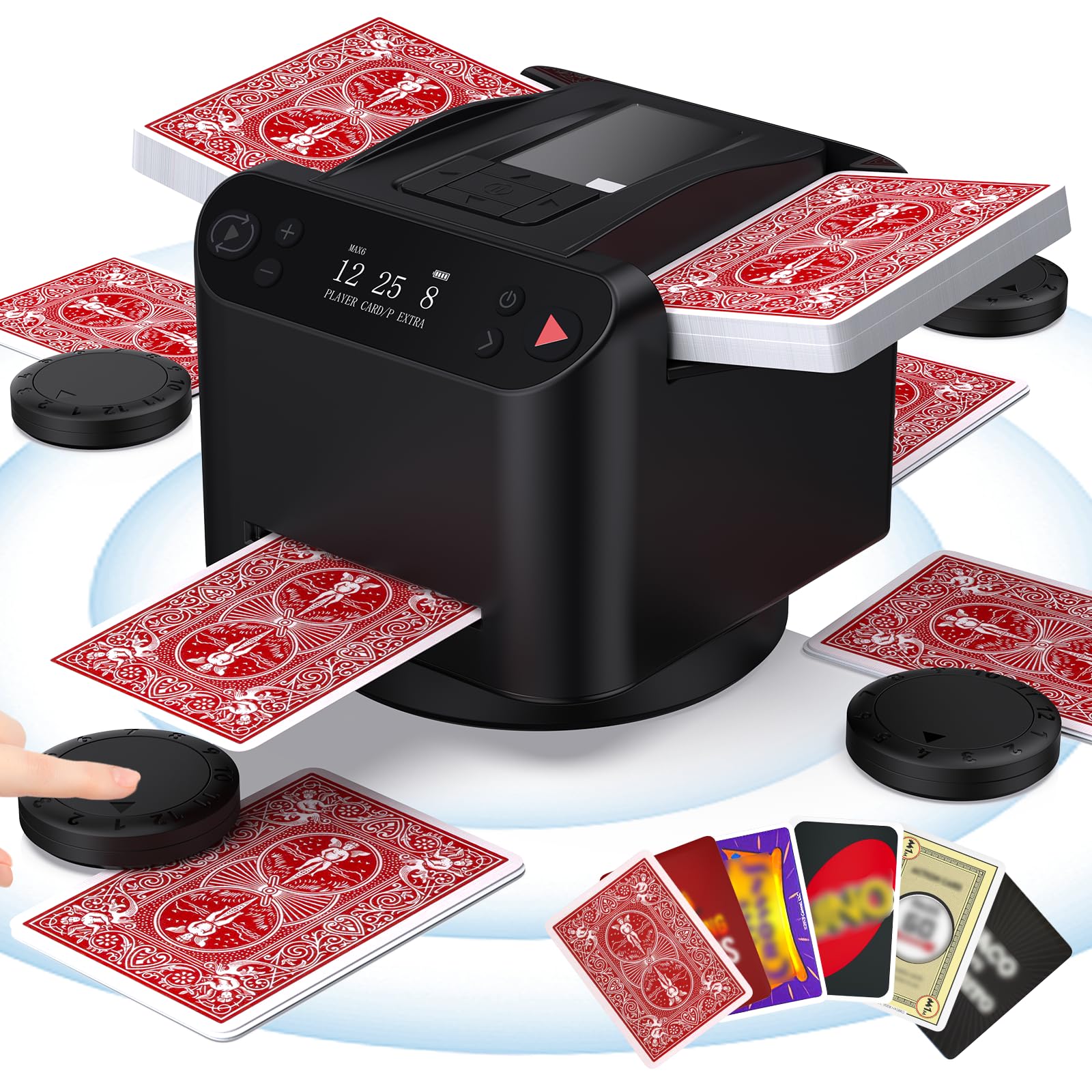 Automatic Card Shuffler and Dealer, 2-12 Players Card Dealer with 4 Wireless Remote, Rechargeable 360°/180° Deal 2 Decks Cards Shuffler for UNO, Poker, Texas Hold'em, Monopoly Deal, Blackjack(Model)