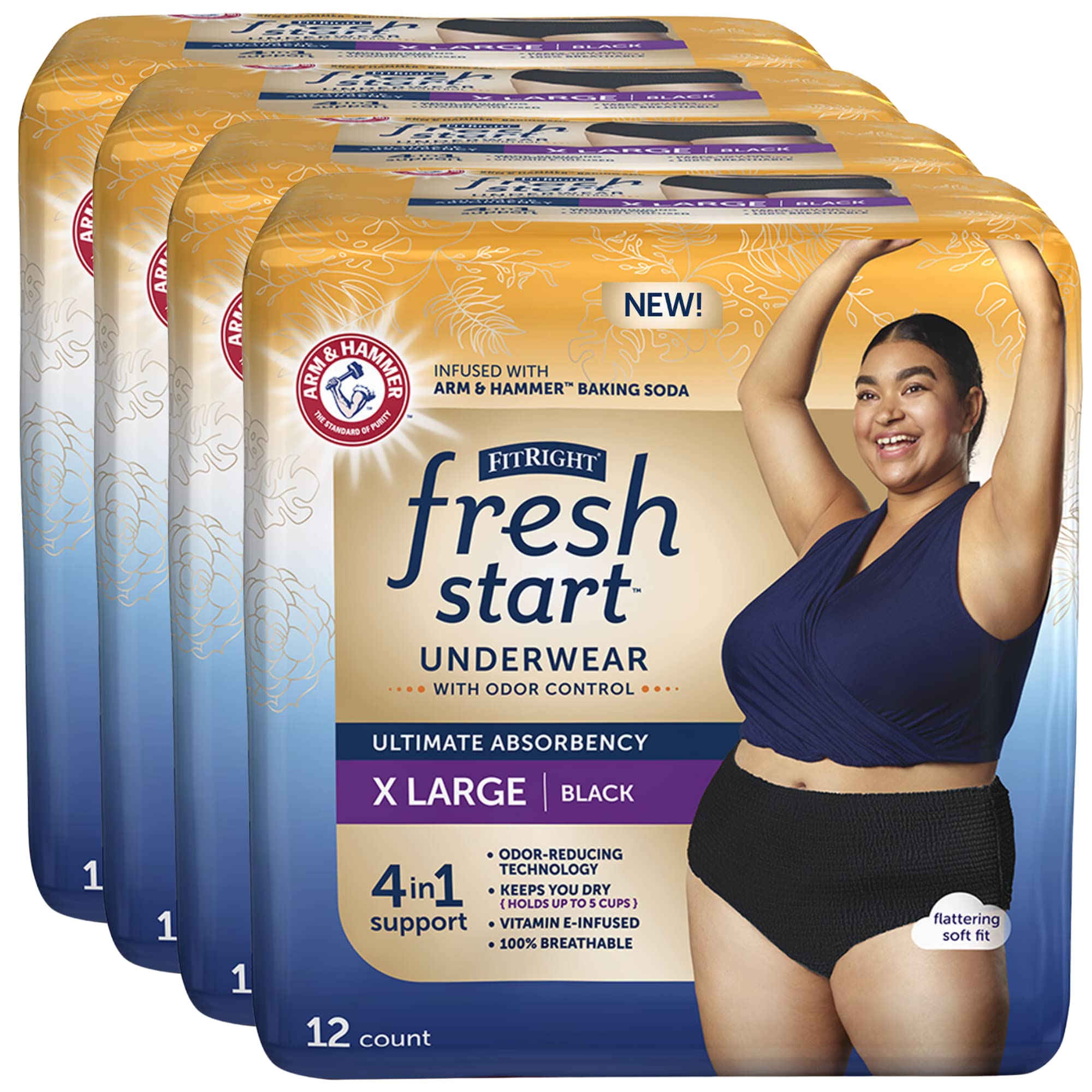 FitRight Fresh Start Incontinence and Postpartum Underwear for Women, XL, Black (48 Count) Ultimate Absorbency, Disposable Underwear with The Odor-Control Power of ARM & HAMMER