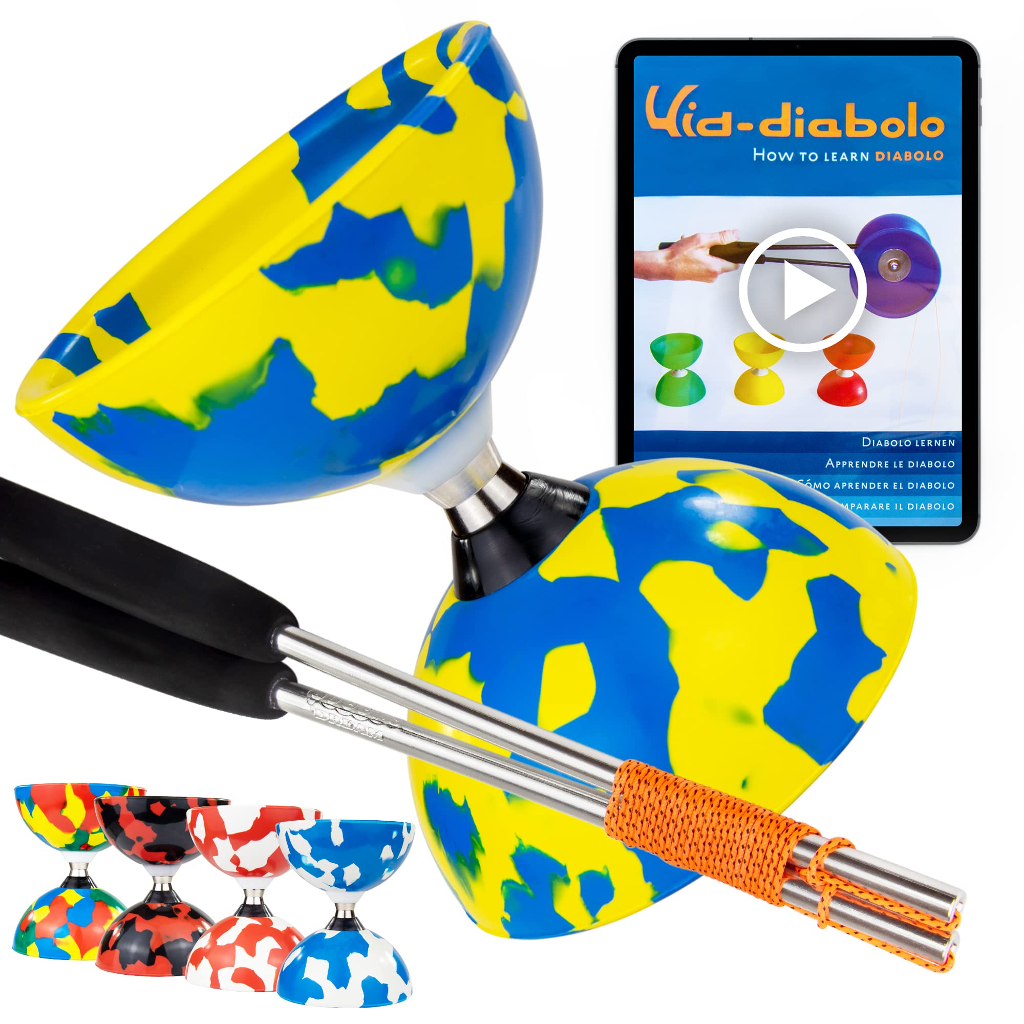 Juggle Dream Jester Diabolo Set - Bearing Axle Professional Diabolo with Aluminium Handsticks and Online Learning Video - Juggling Toy (Blue/Yellow) — image 1