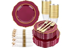 Liacere 350PCS Red Plastic Plates-Disposable Burgundy Red and Gold Plates 50guest Baroque Plastic Dinnerware include 100Plates, 50Pack Pre Rolled Napkins with Silverware 50Cups for Christmas