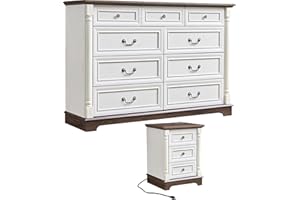 OKYCI 2PC Farmhouse Dresser and Nightstand Sets for Bedroom, Including 9 Drawer Dresser & 3 Drawer Night Stand with USB,Antique White