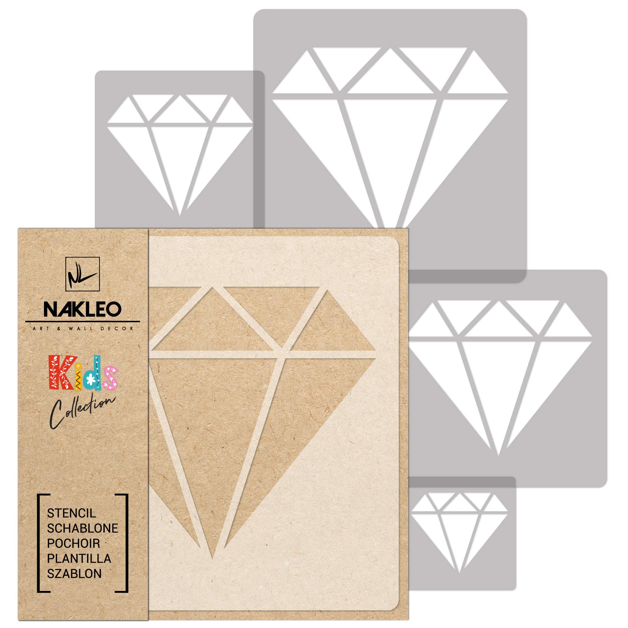 NAKLEO Painting Stencils Set for Nursery Room, 5 Pcs Templates 9x9 to 34x34cm Diamond Glamor Brillant, Plastic and Reusable Drawing Stencils, Decor, Craft DIY Wall Furniture