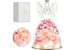 Tiaronics Christmas Rose Gifts for Women Preserved Real Flower in Glass Angel Figurines Roses for Delivery Prime Birthday Gifts for Mom Grandma Girlfriend Wife Her, Champagne