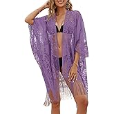 Sexy Elegant Lace Kimono Beach Cover Up for Women, Bathing Suit Cover Up, Open Front Swimsuit Coverup for Poolside, Seaside