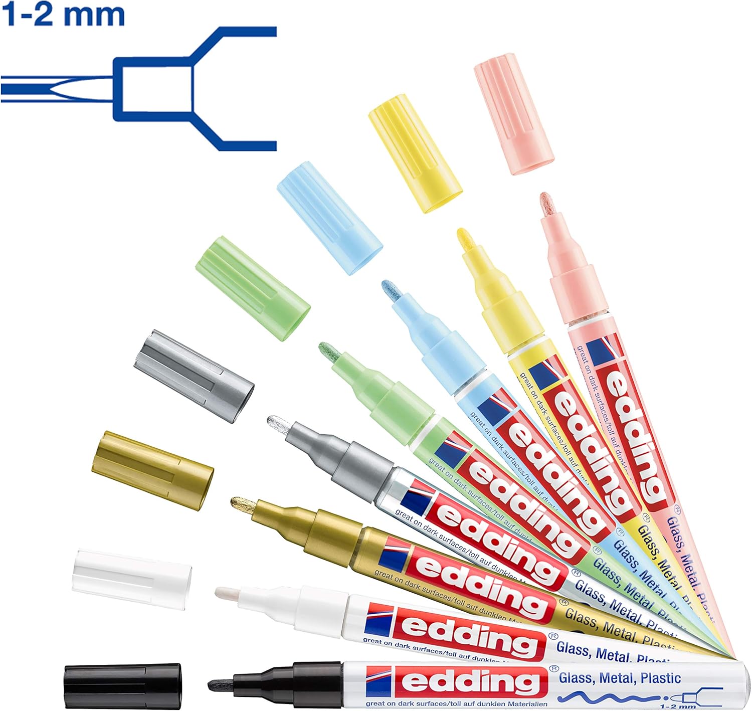 edding 751 gloss paint marker set, multi-coloured metallic, pastel, 8 pens, round nib 1-2 mm, paint pen for glass pebbles
