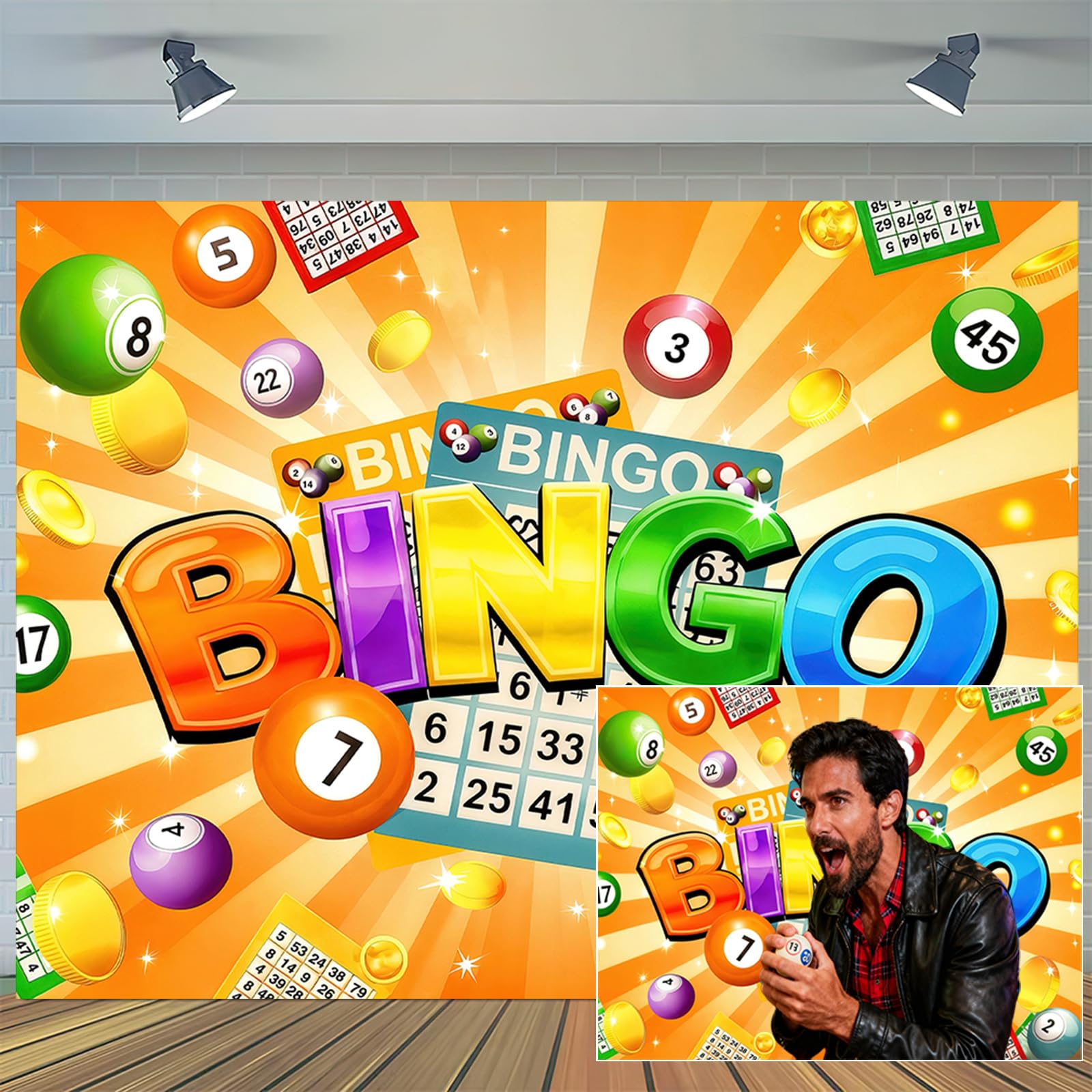 Photo 1 of 10X8FT Orange Bingo Night Backdrop Colorful Gaming Theme with Bingo Cards Balls Gold Coin Photography Background Adults Gaming Contest Decor Banner Party Event Photo Shoot Props