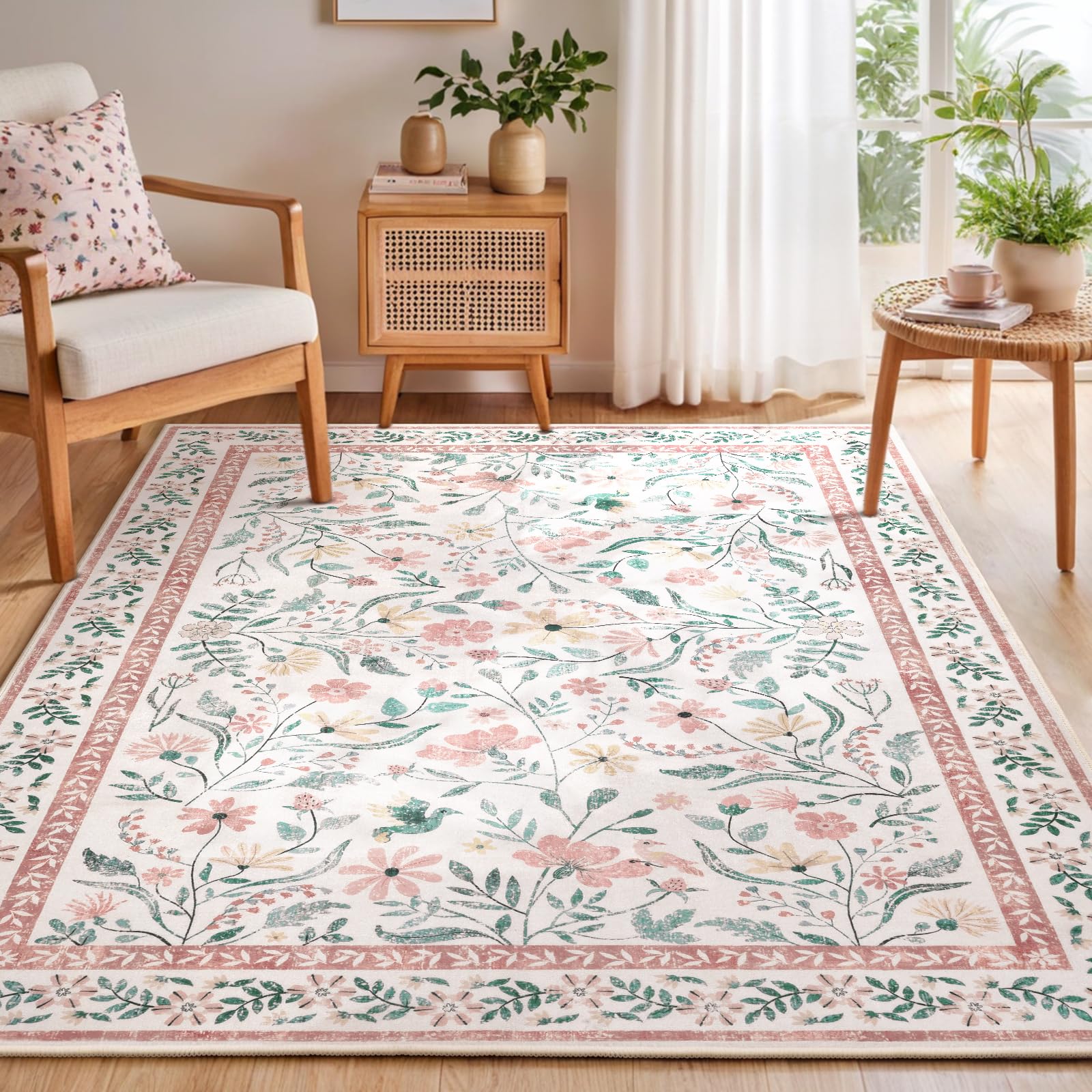 Photo 1 of SHACOS Pink Floral Area Rugs 5x7 Nursery Rug, Machine Washable Boho Rugs for Bedroom, Non Slip Soft Floral Low-Pile Carpet for Living Room Kids Room Dining Room Entryway Indoor