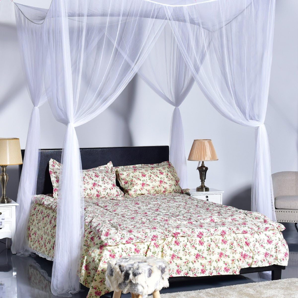 Goplus Mosquito Net, 4 Corner Post Bed Canopy, Quick and Easy Installation for King Size Beds Large Queen Size Bed Curtain (White): Home & Kitchen