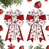 Hying 2 Pieces Christmas Bows for Wreath, Christmas Wreath Bow Glitter Red White Snowflake Bows Winter Xmas Tree Craft Bows Ornaments for Front Door New Year Christmas Party Decoration Supplies