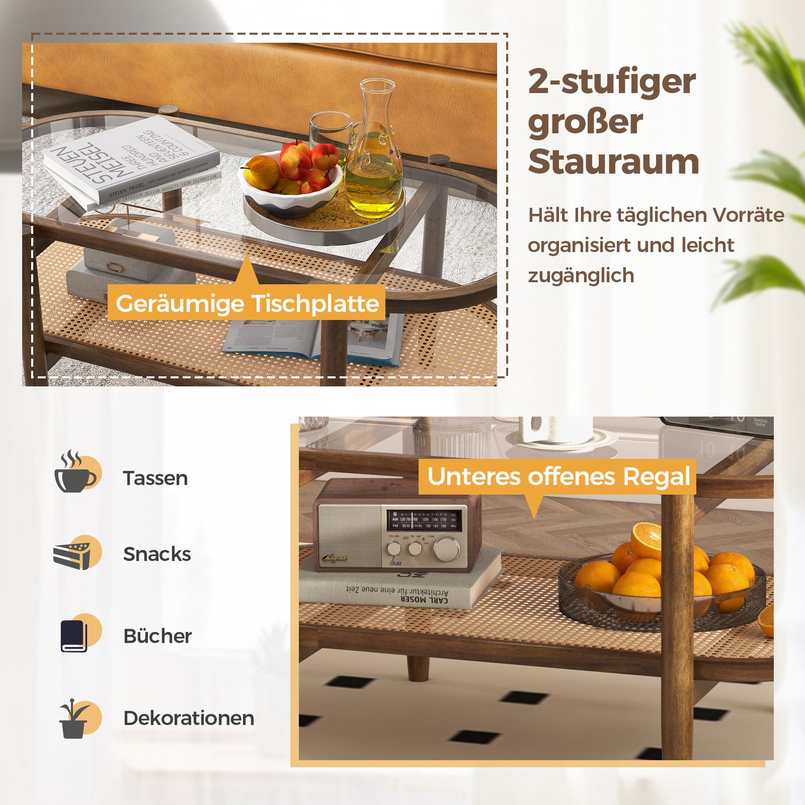 COSTWAY Couchtisch, Beistelltisch mit Glas Tischplatte & Rattan Ablage, Wohnzimmertisch mit Holzbeinen & Holzrahmen, Kaffeetisch für Wohnzimmer, Büro, 102 x 56 x 47 cm (Braun) 3