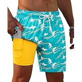 Gleeease 7inch Mens Swim Trunks with Compression Liner Swim Shorts | Mens Bathing Suit Quick Dry No-Chafe 2 in 1 Stretch Drawstring Elastic Waistband Board Shorts Beach Volleyball Surf Fishing