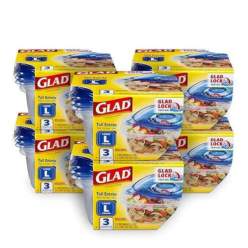 Glad GladWare Tall Entree Food Storage Containers - Large Square - Meal Container Holds up to 42 Ounces of Food - Lock Tight Seal, 3 Count - 6 Pack