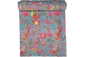 Rajasthaniartdecor Indian Reversible Kantha Quilt for Living Dorm Room Bed Cover Handmade Stitched Pure Cotton Bird Print Bedspread Kantha Quilt (Gray, King (90x108 Inch))
