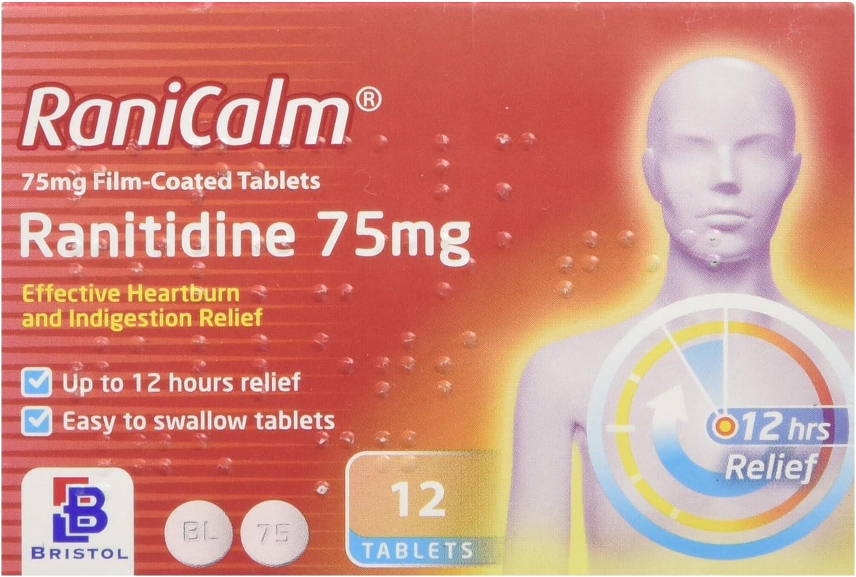 Ranitidine (Ranicalm) 75mg Heartburn Indigestion Relief Tablets (12) GSL