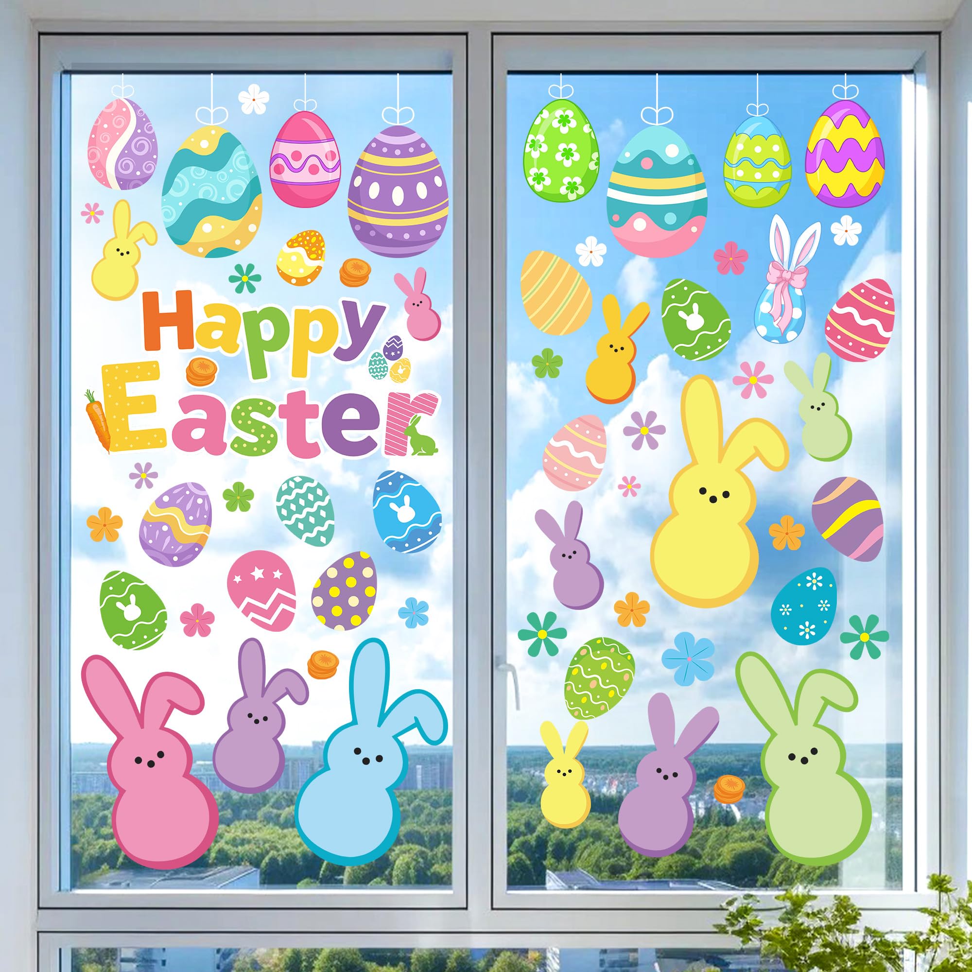 9 Sheet Easter Window Clings, 117 PCS Easter Decorations HappyEaster Large Bunny Rabbit Egg Stickers Double-Side Glass Windows Decals for Home Office School Decor Spring Shop Display Party Decoration