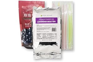 Boba Bubble Tea Lavender Milk Tea Kit with 1 Tea Zone Instant Lavender Milk Tea, 1 Black WuFuYuan Tapioca Pearls and 10 Boba Wide Straws Individually Wrapped