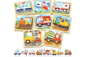 Benresive Wooden Toddler Puzzles, Montessori Toys for 1 2 3 Year Old Boys, Toys for 1 2 3 Year Old Boy Birthday Gifts, 8 Pack Vehicle Toddler Learning Educational Puzzles