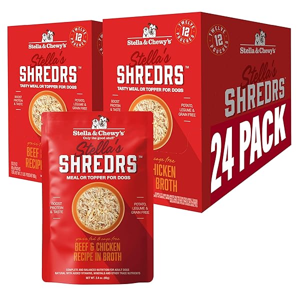 STELLA & CHEWY’S GRASS FED BEEF & CHICKEN SHREDRS – PREMIUM DOG FOOD POUCHES – PERFECT FOR PICKY EATERS- 24 PACK, 2.8OZ EACH