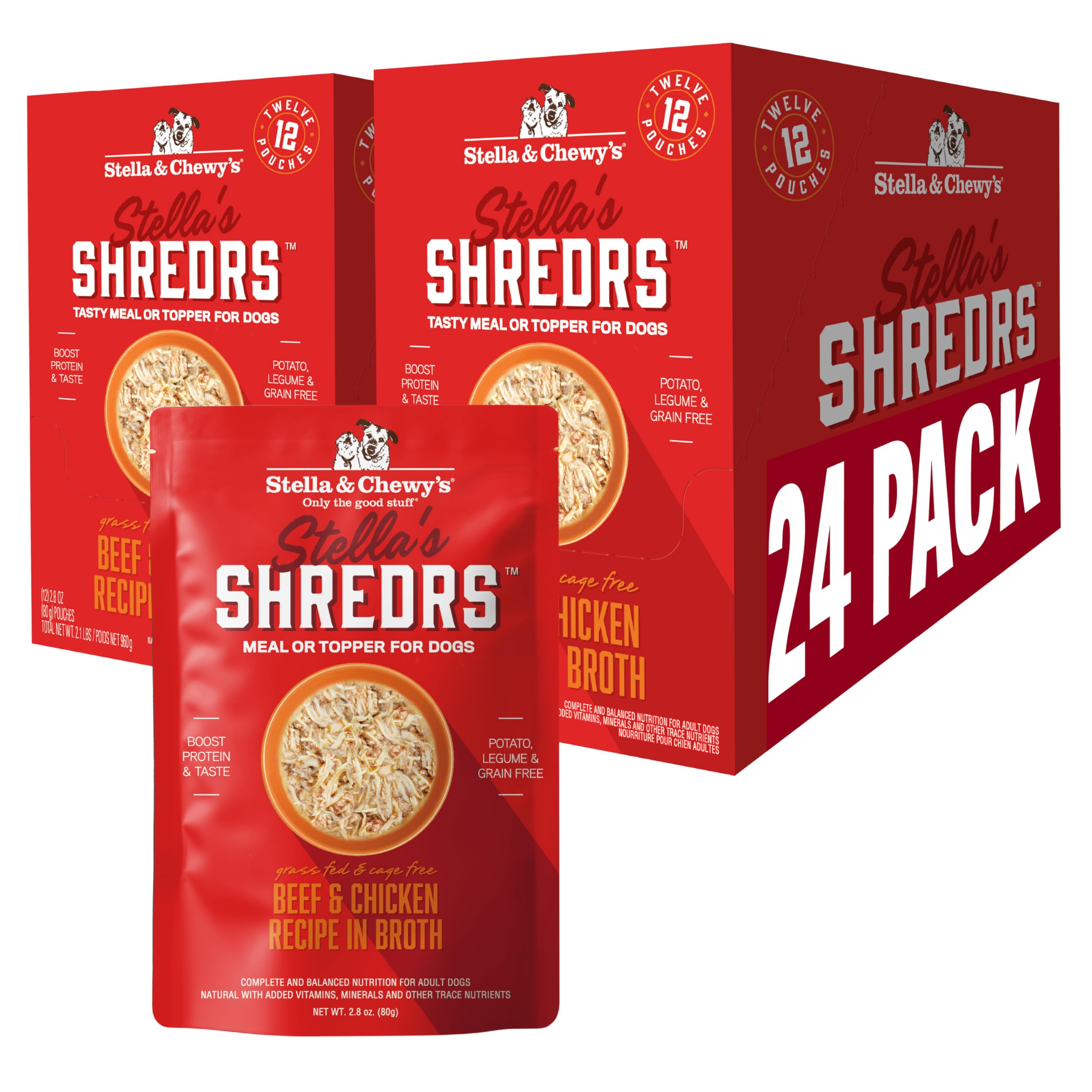 Stella & Chewy's Grass Fed Beef & Chicken Shredrs - Premium Dog Food Pouches - Perfect For Picky Eaters- 24 Pack, 2.8oz Each Image