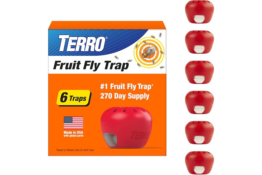 TERRO Fruit Fly Trap 6-Pack Indoor Fly Traps with 270 Days Lure Supply - Apple-Shaped Design for Kitchen Counters, Fruit Bowls, Trash Cans and Indoor Pest Control, T2503-3
