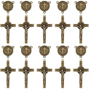 LiHan1028 30Pcs Saint Benedict Rosary Crucifix and Medal Set, 2.1 cm Medal and 5.3 cm Cross, 15 Sets