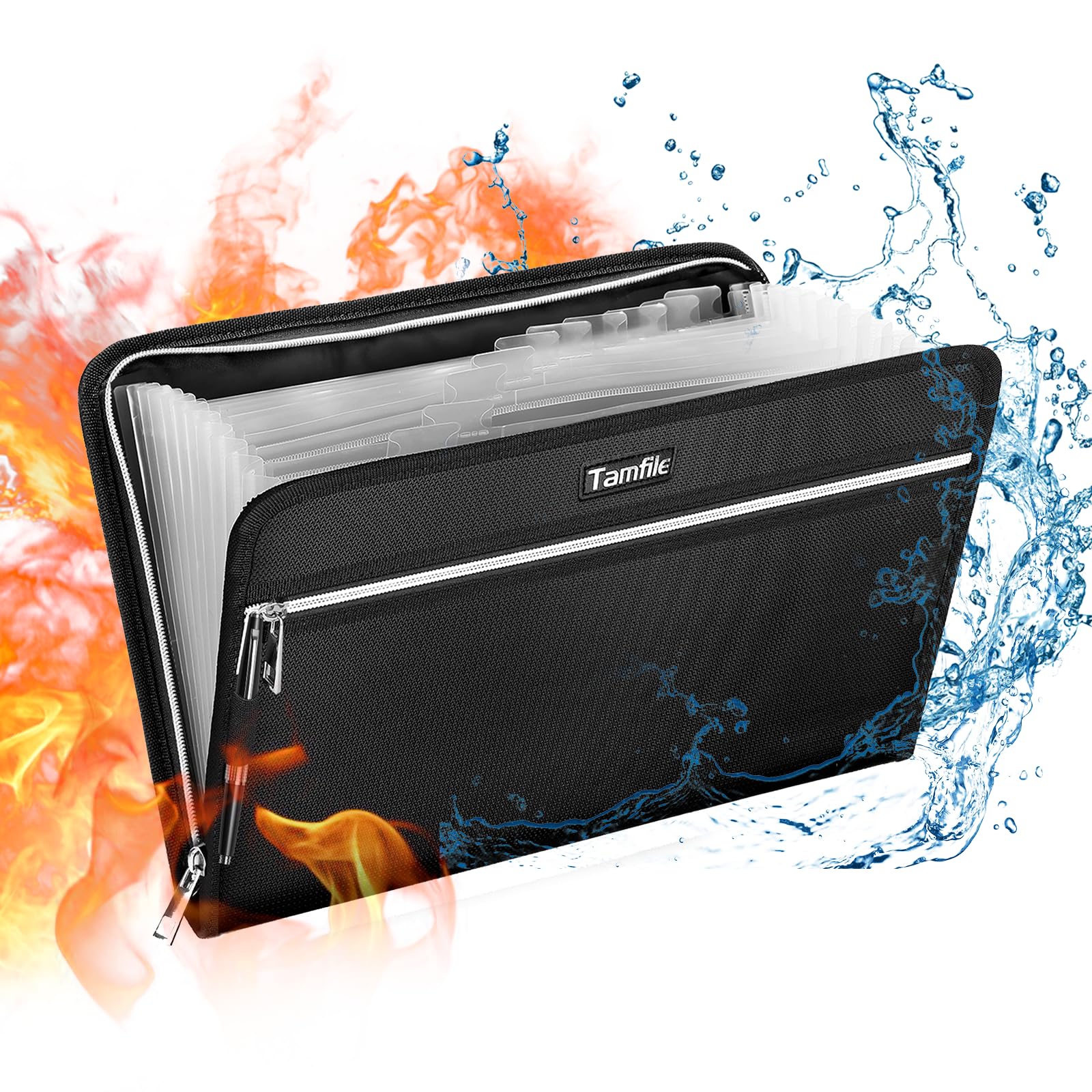 Tamfile Fireproof Expanding File Folders, 13 Pockets Waterproof Accordion Folder Document Organiser with Zipper, Portable A4 Plastic Document Wallet Filling Storage with Labels for Office and School