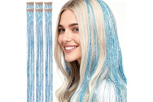 CelineBella Clip In Hair Tinsel Sky Blue Shiny Sparkle Fairy Hair 80 Strands/Pc Very Cute for Girls Christmas New Year Halloween Party Smurfs Event