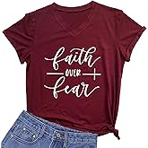 MIMOORN Womens V Neck Faith Over Fear T-Shirt Cute Summer Casual Short Sleeve Tees Tops