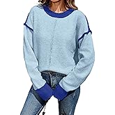 SunnyMelody Womens Oversized Cute Color Block Crew Neck Sweater 2025 Winter Long Sleeve Trendy Ribbed Knit Pullover Sweaters