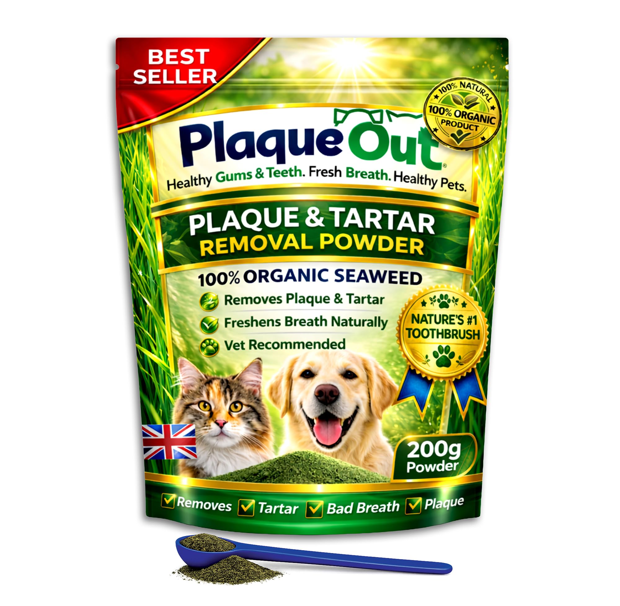 PLAQUE OUT 200g Pouch - Plaque Off Remover - 100% Natural and Organic Seaweed Powder for Dogs & Cats - Dog Teeth Cleaning, Plaque Removal, Pet Dental Care, Bad Breath, Gum Care and Tartar Control