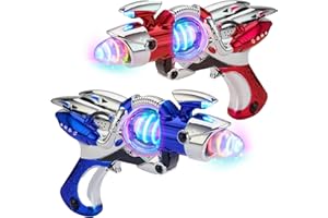 Playbees Light-Up Noise Blaster - Red & Blue 2 Pack - 11.5 Inches - Glow Spinning Space Sound Effects with Futuristic Power Galaxy Ranger FX for Party Favor, Novelty, Bag Stuffer for Ages 3+