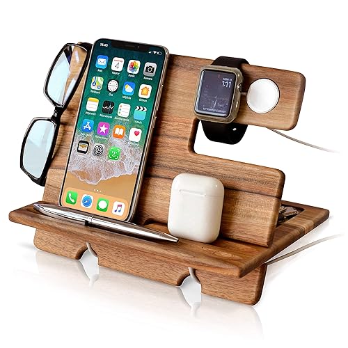 TESLYAR Natural Walnut Wood Phone Docking Station Key Holder