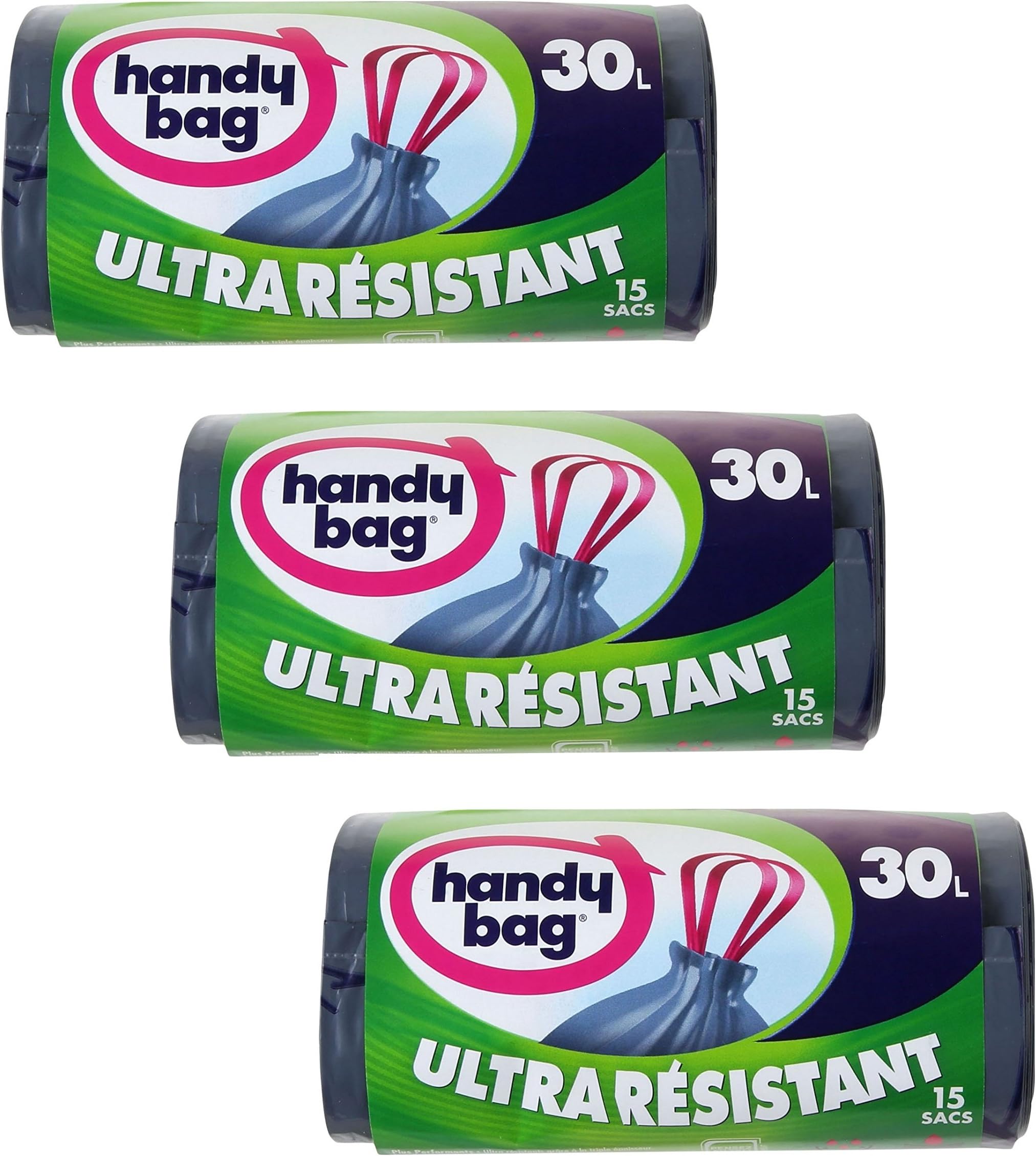 Handy Bag 45 Bin Liners 30 L (3 Rolls of 15 Bags) Ultra Strong Sliding Handles Leak-Proof