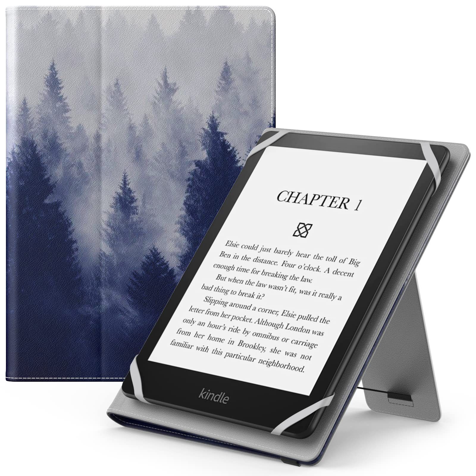 MoKo Universal Case for 6",7" Kindle eReaders - Kobo/Voyager/Lenovo/Sony, Lightweight PU Leather Folio Shell Cover Case, with Hand Strap/Kickstand, Gray Forest — image 1