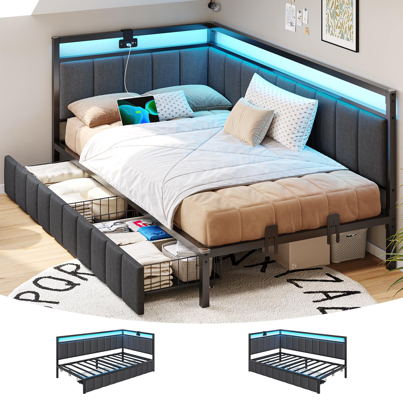 Photo 1 of ******************MISSING HARDWARE****************
DICTAC Twin Size Bed Frame with 2 Storage Drawers & Charging Station Corner Twin Bed Frame with Storage and Led Lights Twin Size Daybed with Upholstered Guardrail for Kids/Teen,Easy Assemble,Gray